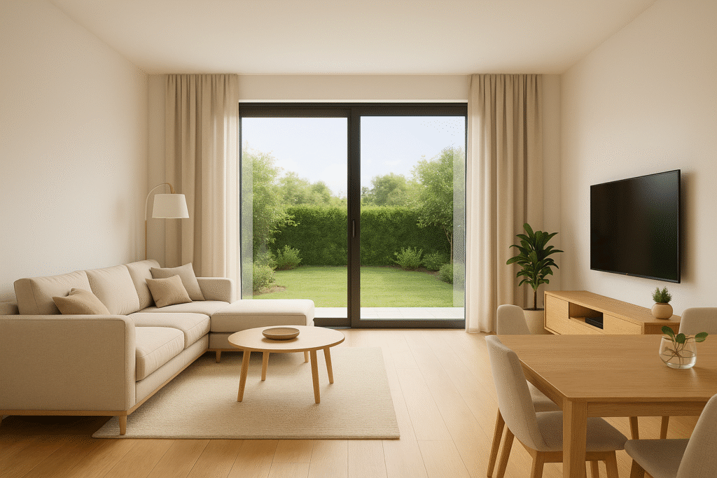 Wizualizacja salonu wraz z częścią ogródka przy budynku szeregowym na Osiedlu Trzech Jezior.